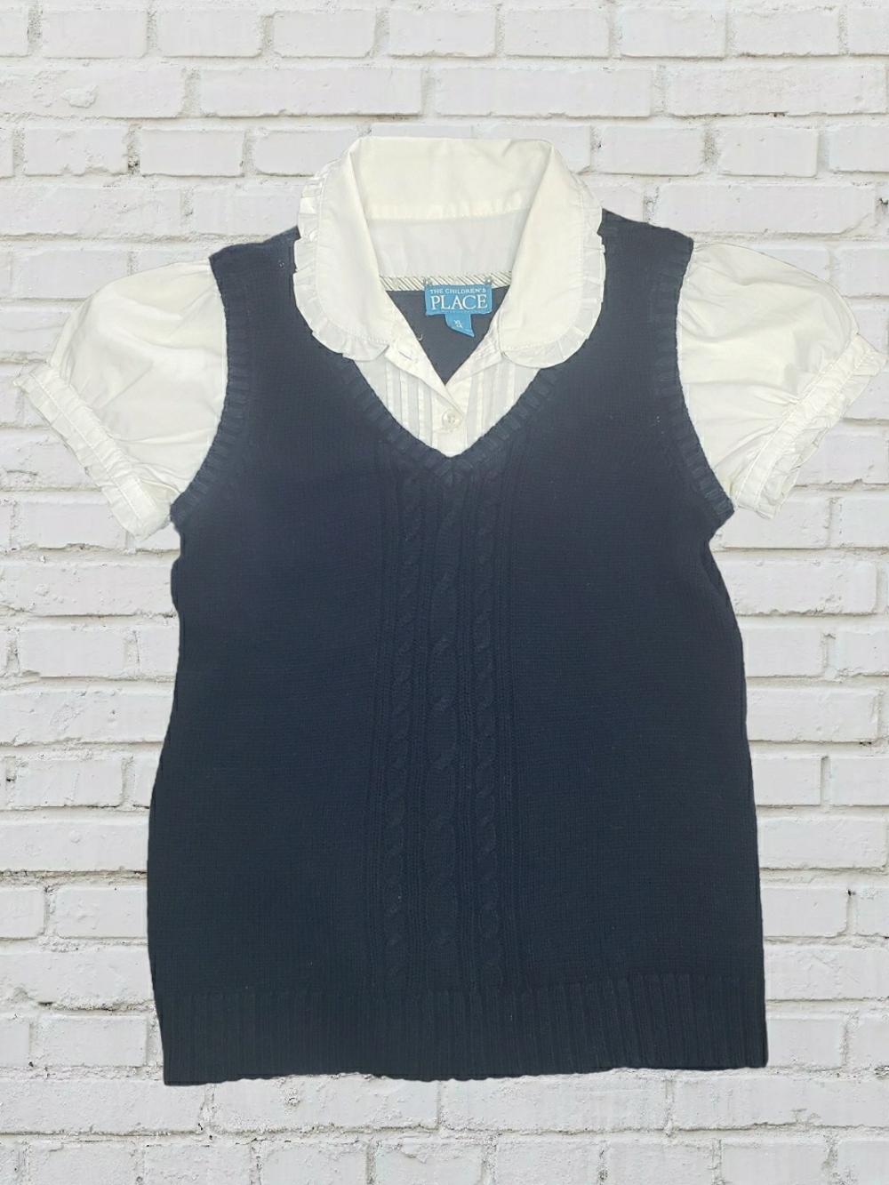 The Children's Place Navy Knit Vest with Cream Ruffled Blouse
